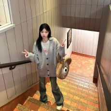 大货学院风针织衫上衣春秋冬新款外搭灰色毛衣慵懒风开衫外套