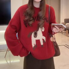 韩版小马圆领针织衫女2025冬季新款慵懒风宽松显瘦休闲百搭上衣潮