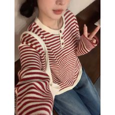 批发慵懒感蓝白条纹撞色针织上衣秋季穿搭宽松毛衣女秋冬2025新款爆款