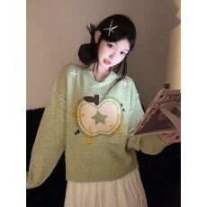 批发日系<b class='q'>可爱</b>减龄圆领套头慵懒休闲浅绿色毛衣女秋冬内搭可外穿针织衫