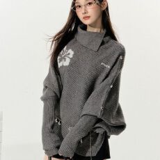 批发韩系花朵<b class='q'>不规则</b>斗篷高领毛衣小众高级感<b class='q'>针织衫</b>秋冬上衣女