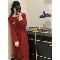 批发质感韩国chic秋季新款小众慵懒风撞色<b class='q'>翻领</b>宽松休闲长袖针织<b class='q'>连衣裙</b>