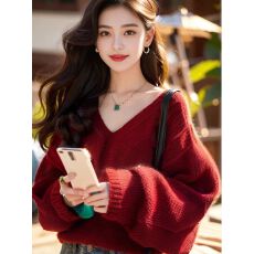 批发绵<b class='q'>羊绒</b>初秋氛围感秋冬安可拉红色穿搭毛衣女新款灯笼袖宽松上衣