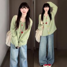 批发韩系早秋季氛围感穿搭绿色翻领彩扣针织衫<b class='q'>开衫</b>毛衣女宽松外套上衣