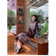 批发菱格提花针织<b class='q'>背心</b>连衣裙女秋冬东北大衣内搭慵懒风马甲毛衣<b class='q'>长裙</b>子