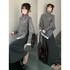 批发灰色慵懒风高级感<b class='q'>不规则</b>高领毛衣女秋冬季2026新款内搭<b class='q'>针织衫</b>上衣