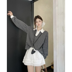 批发2026年春夏韩版宽松减龄通勤休闲百搭翻领毛圈棉条纹<b class='q'>卫衣</b>短裙套装