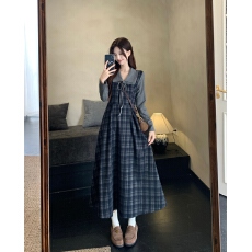 批发大码复古格子连衣裙女2026秋季新款收腰假两件轻奢巨好看长袖裙子