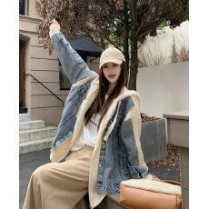 批发大码加厚牛仔拼接假两件连帽毛<b class='q'>衣外套</b>女装秋冬宽松慵懒风加厚上衣