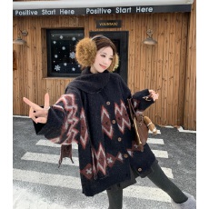 批发费尔岛菱格纹针织开衫外套女秋<b class='q'>冬</b>慵懒风设计感宽松显瘦外套带围巾