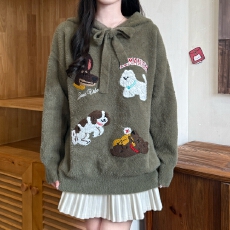 批发<b class='q'>可爱</b>卡通小狗毛巾绣连帽套头毛衣女韩系慵懒风外穿内搭中长款帽衫
