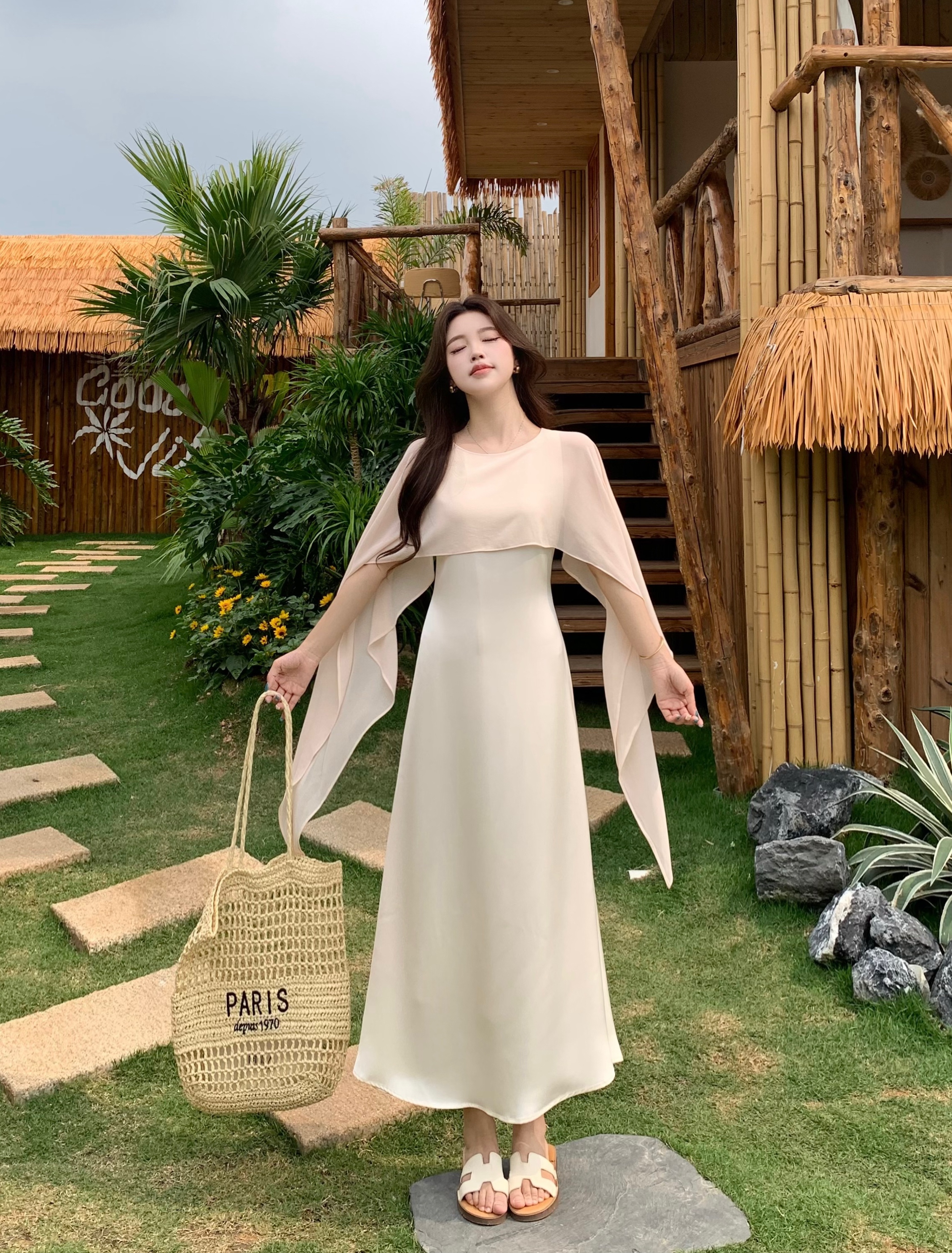 빅 사이즈 여성 의류 2026 봄 여름 새로운 천 금빛 바람 패치워크 망토 숄 칼라 드레스 페이크 레이어드 품격 롱 스커트