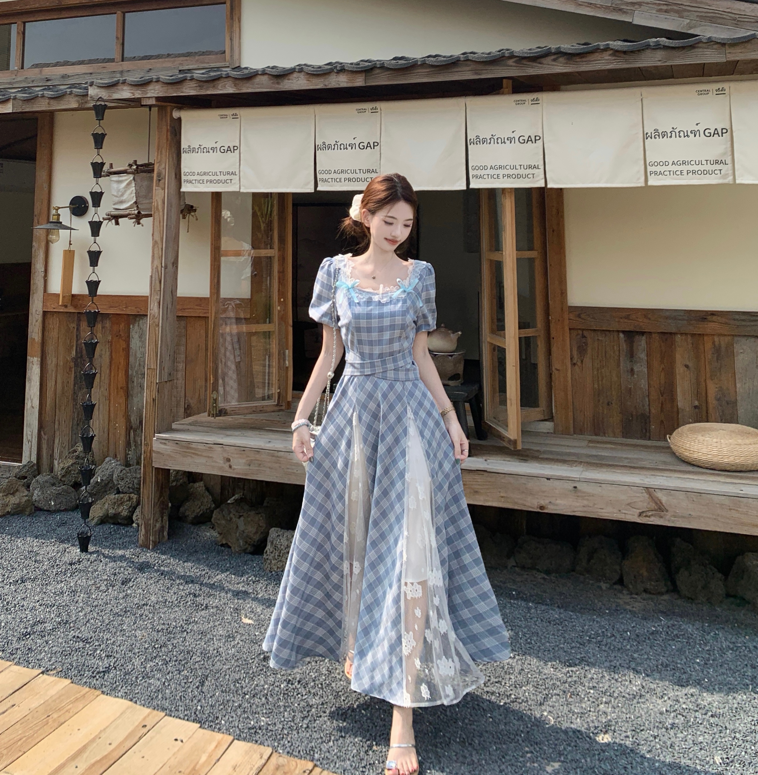 빅 사이즈 프랑스식 광장 칼라 레이스 조각 블루 체크무늬 여성 드레스 여름 새로운 아름다운 고유 한 작은 대중 드레스