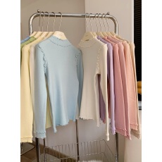 批发绵羊毛法式木耳边针织衫设计感圆领长袖正肩<b class='q'>打底衫</b>女