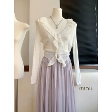 批发夏季木耳边V领披肩荷叶边防晒薄款长袖冰丝针织<b class='q'>开衫</b>外搭短款