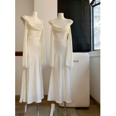 批发法式气质<b class='q'>白色</b>缎面斜肩飘带连衣裙女夏季高级感修身收腰礼服长<b class='q'>裙子</b>