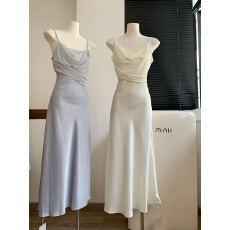 批发法式蓝色吊带<b class='q'>连衣裙</b>缎面修身气质女夏长款长裙轻奢高级感