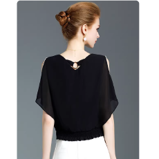 批发欧货洋气雪纺衫<b class='q'>女</b>短袖超仙黑色蝙蝠袖时尚小衫遮肚子v领露肩上衣