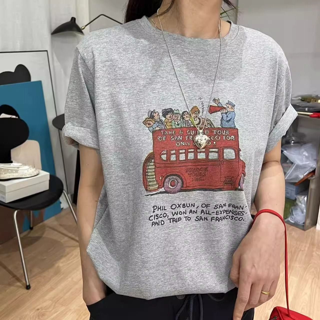 21 순면 210 그램 면 느긋한 루즈핏 만화 프린트 반팔 티셔츠 여성