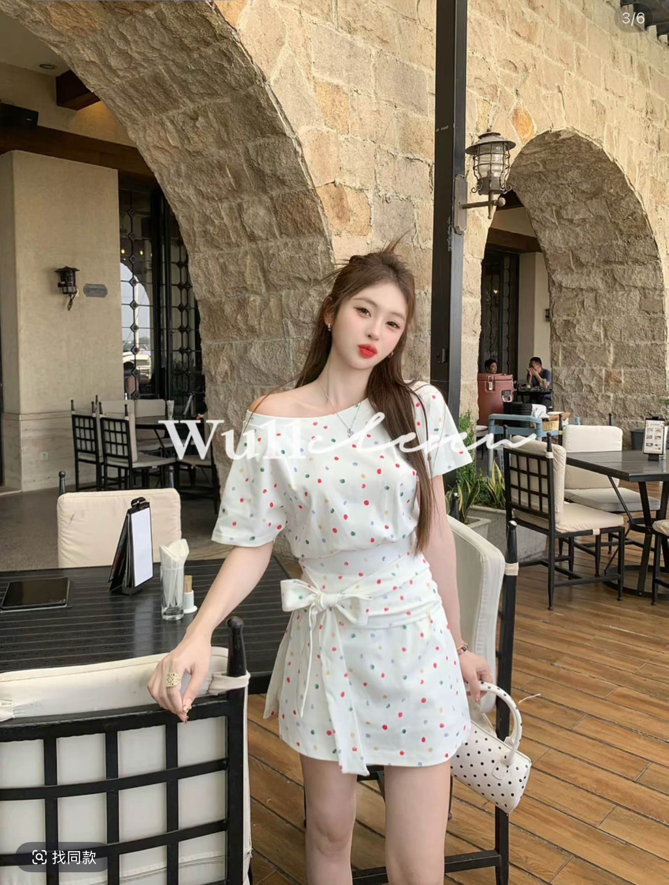 wu11 한 부서 외국 가스 연령 감소 품격 도트 무늬 허리 수축 맨위 트임 반 스커트 투피스 세트