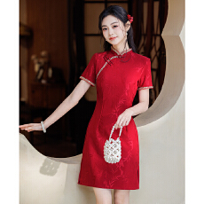 批发喜庆红色旗袍夏季年轻款修身显瘦新中式舒适透气亲肤面料改良现代