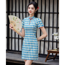 批发复古格纹改良国风旗袍夏季收腰显瘦日常新中式简约淡雅时尚连衣<b class='q'>裙</b>