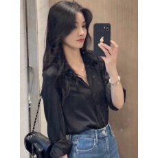 批发黑色醋酸缎面<b class='q'>衬衫</b>女春秋小个子高级感<b class='q'>衬衣</b><b class='q'>职业</b>通勤宽松长袖上衣