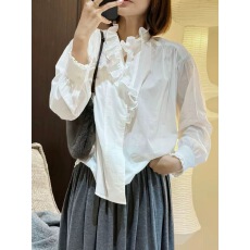 批发法式木耳边立领长袖衬衫女秋宽松打底别致衬衣设计感复古气质上衣