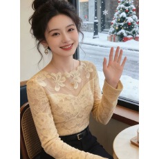 批发韩系圆领镂空<b class='q'>喇叭袖</b>蕾丝衫女2026春季新款修身显瘦百搭打底衫上衣