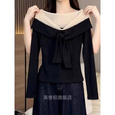 批发2026春季新款大码黑色飘带V领<b class='q'>长袖</b>上衣<b class='q'>女</b>显瘦设计感假两件打底衫