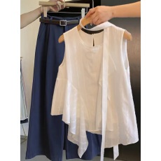 批发自留爆款推荐~韩系提花<b class='q'>刺绣</b>不规则白色<b class='q'>衬衫</b>女夏季飘带无袖上衣