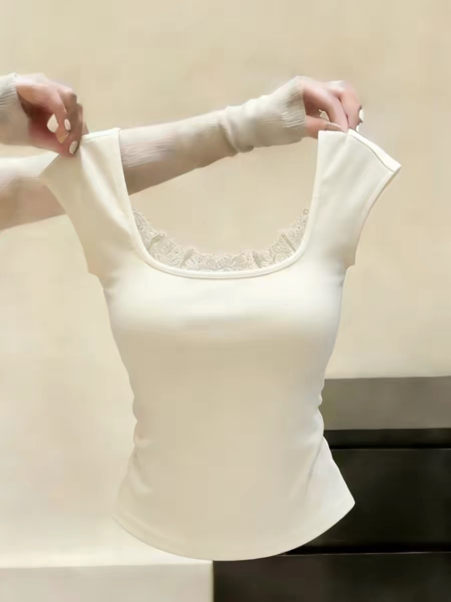 프랑스식 절묘한 아름다운 쌀 화이트 칼라 레이스 측면 민소매 어깨 여성 여름 새로운 몸매 가꾸기 슬림해 보이는 연령 감소 맨위