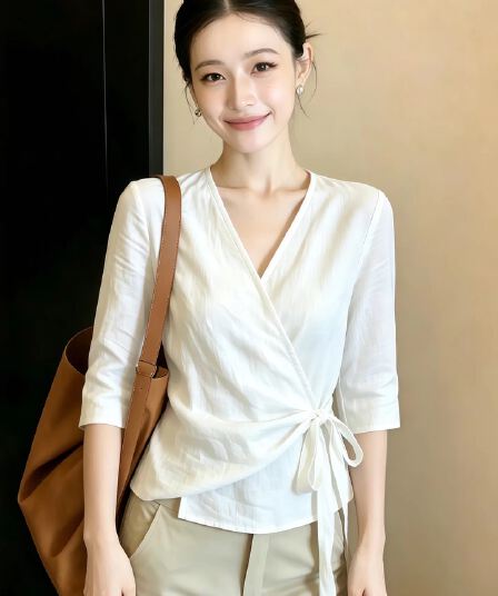 화이트 7부 소매 셔츠 여자 2026 새로운 여름 여성 프랑스식 레이스업 허리 수축 자이언트 잘 생긴 셔츠 맨위