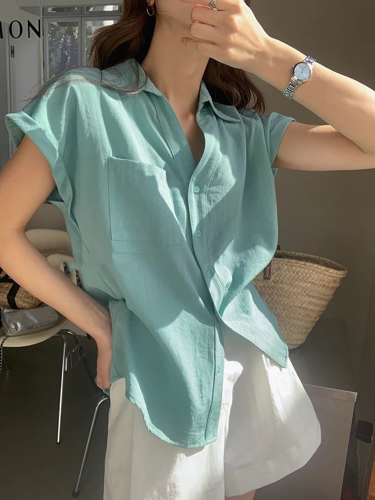 한 부서 고급 센스 작은 날다 소매 POLO 칼라 반팔 여성 셔츠 여름 루즈핏 고유 한 아름다운 면 린넨 폴로 칼라 맨위