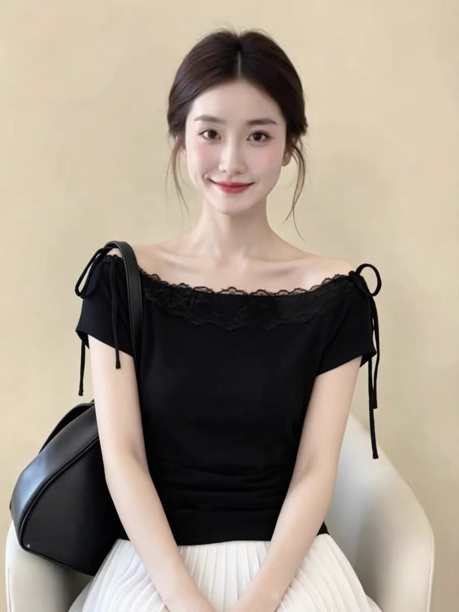 한국 스타일 레이스 레이스 오프숄더 보트넥 니트 스웨터 여성 여름 새로운 품격 몸매 가꾸기 슬림해 보이는 반팔 맨위 트렌디