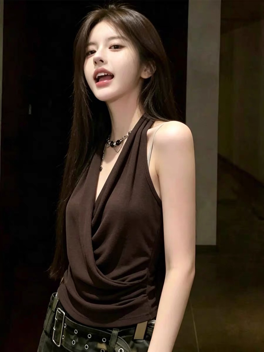 아메리칸 핫걸 커피 색상 십자가 행침 목 캐미솔 외출용 여름 느슨함 센스 백리스 섹시함 민소매 맨위