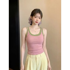 批发<b class='q'>泰国</b>绝美小吊带女夏季辣妹粉拼绿假两件叠穿无袖收腰背心吊带上衣