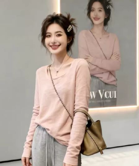 u 칼라 핑크색 대나무 마디 면 긴팔 티셔츠 여성 가을 2026 슈퍼 화재 연령 감소 품격 한 부서 고급 사소한 작은 맨위