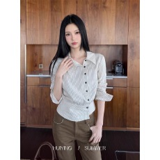 批发法式高级感别致<b class='q'>条纹</b>掐腰上衣女2026年秋季新款短袖<b class='q'>衬衣</b>设计感小众