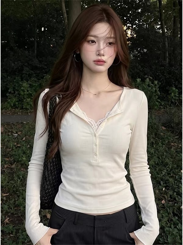 RY8526# 韩系亨利领蕾丝拼接长袖t恤女秋季气质绝美修身内搭半开领打底...