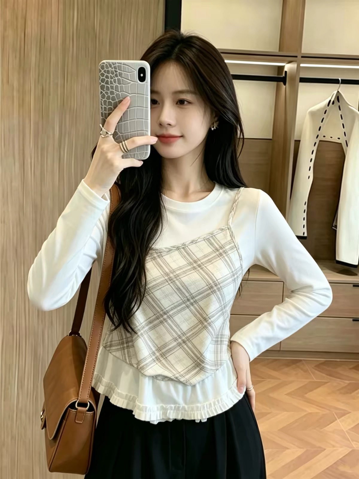 RY8527# 设计感格子拼接木耳边长袖T恤女2026早秋新款假两件显瘦甜...