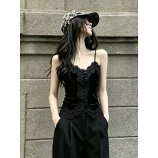 批发高级感绝美<b class='q'>蕾丝</b>拼接V领吊带背心女外穿美背西装内搭丝绒打底上衣