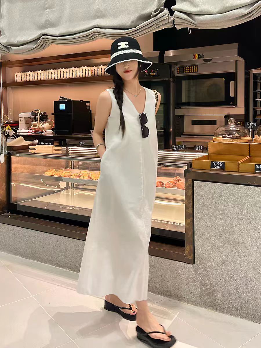 아마 화이트 드레스 루즈핏 미니멀리즘 다용도 민소매 롱 코트 치마
