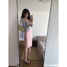 烫钻蕾丝蓝色系带防晒开衫＋重工亮片刺绣粉色半身裙