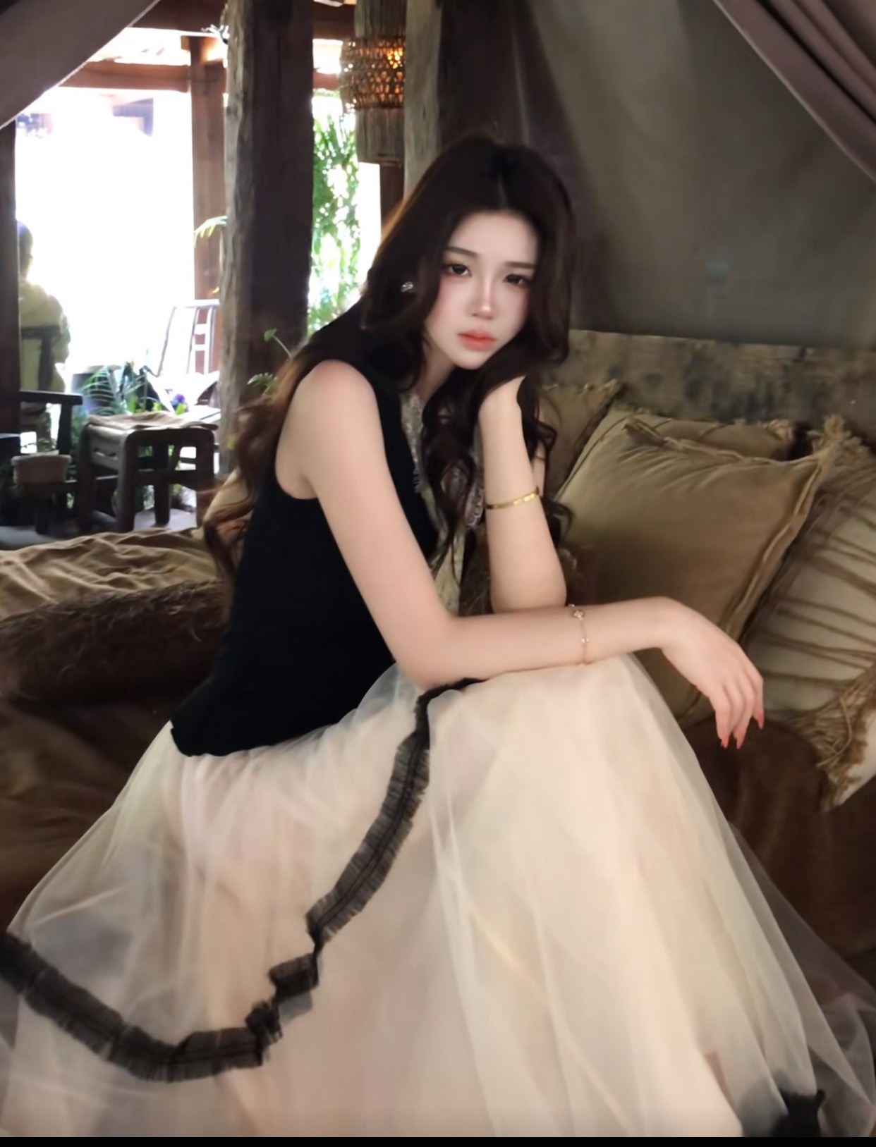 무쯔리 목자이 ~ 중 리 부드러운 우아한 잉크 실 부드러운 레트로 망사 반 스커트 우아한 도루 가을 센스 분위기 센스 실 세트