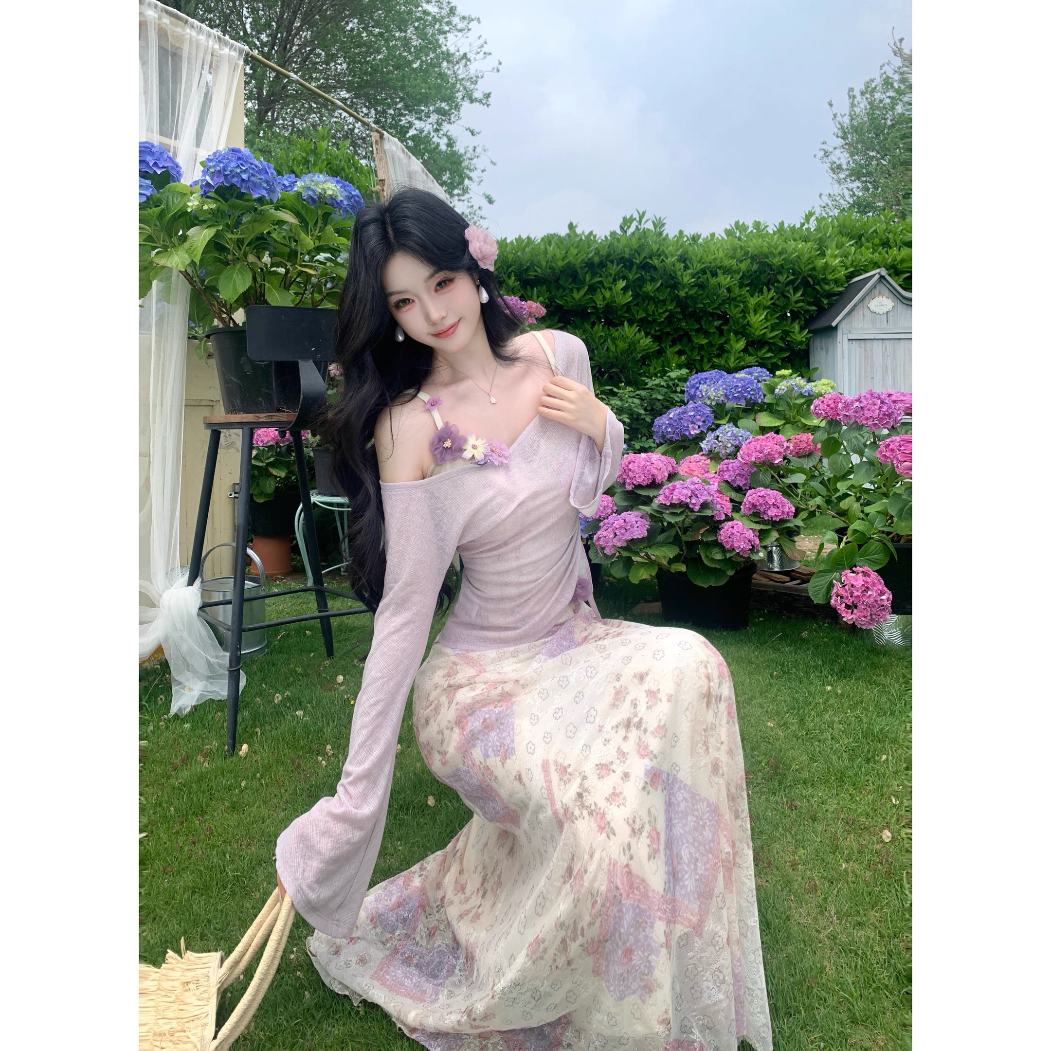 멀 베리 녹색 와인 분위기 센스 자외선 차단 블라우스 꽃무늬 슬립 드레스