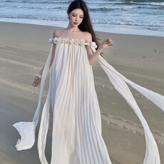 批发实拍 一字肩法式晨袍礼服裙重工飘带度假风拖地露肩长款裙子