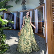 批发新款绝美度假风绿色印花无袖挂脖连衣裙大摆气质女长裙