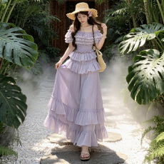 泰兰德 风信紫木槿 温柔流苏荷叶边一字肩上衣半裙  套装