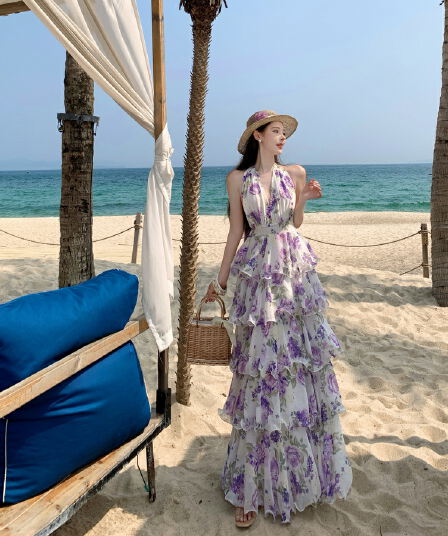 실사 프랑스식 휴가 바람 화이트 보라색 히비스커스 행침 목 쉬폰 케이크 롱 스커트 여성 V넥 드레스
